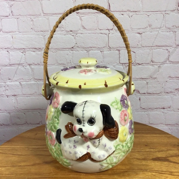 Vintage Hand Painted Puppy and Bird 3D Ceramic Cookie Biscuit Jar with Handle - Picture 1 of 10